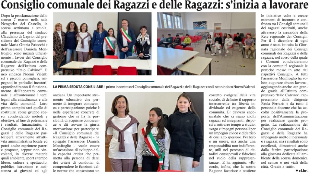 Articolo Corriere di Novara del 28 marzo 2024 - Consiglio Comunale dei Ragazzi e delle Ragazze